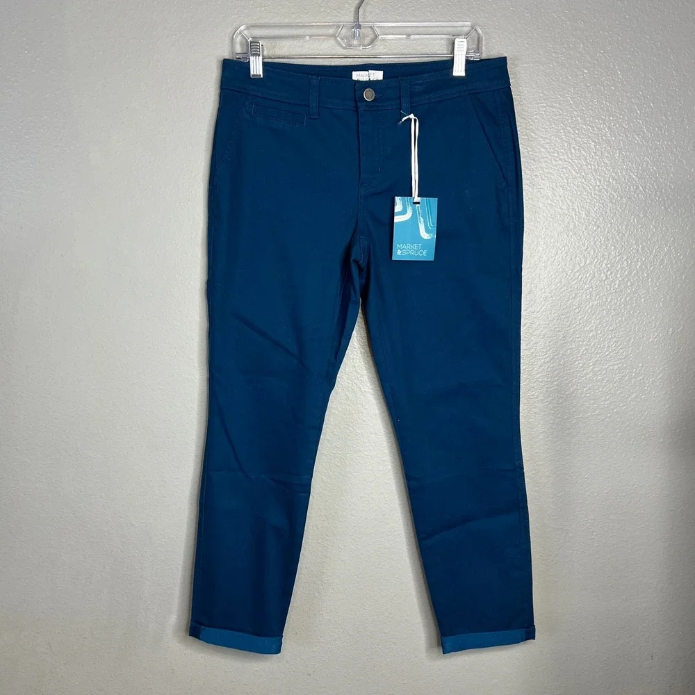 Market & Spruce Ankle Pants Womens‎ 8P Petite Blue Slim Leg Cuffed Stretch NWT